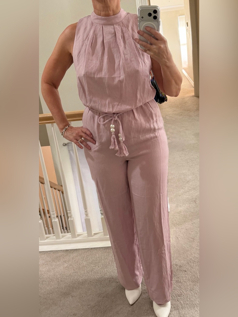 The Noli Shop Pink Linen Wide-Leg Jumpsuit with Pearl Tassel Tie